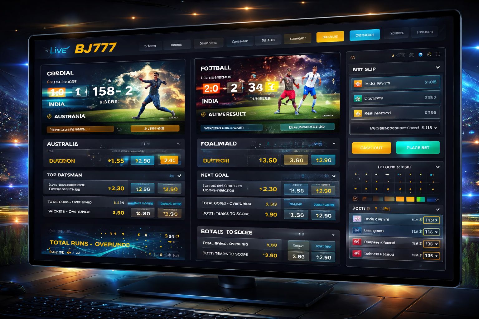 BJ777 লাইভ বাজি ড্যাশবোর্ডে ক্রিকেট অডস এবং ফুটবল মার্কেটস পাশাপাশি দেখানো হচ্ছে