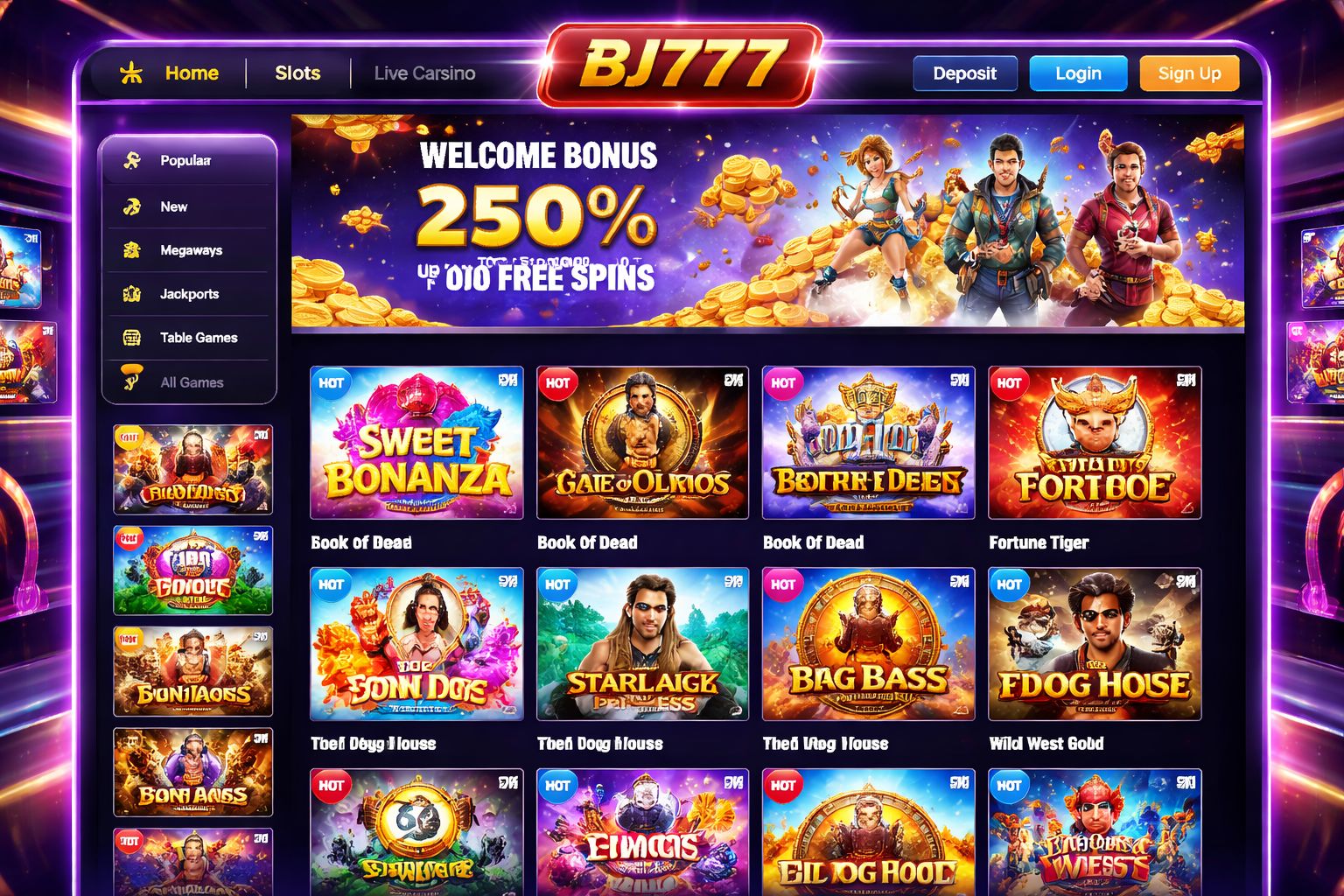 BJ777 slots interface showing popular titles and bonus features